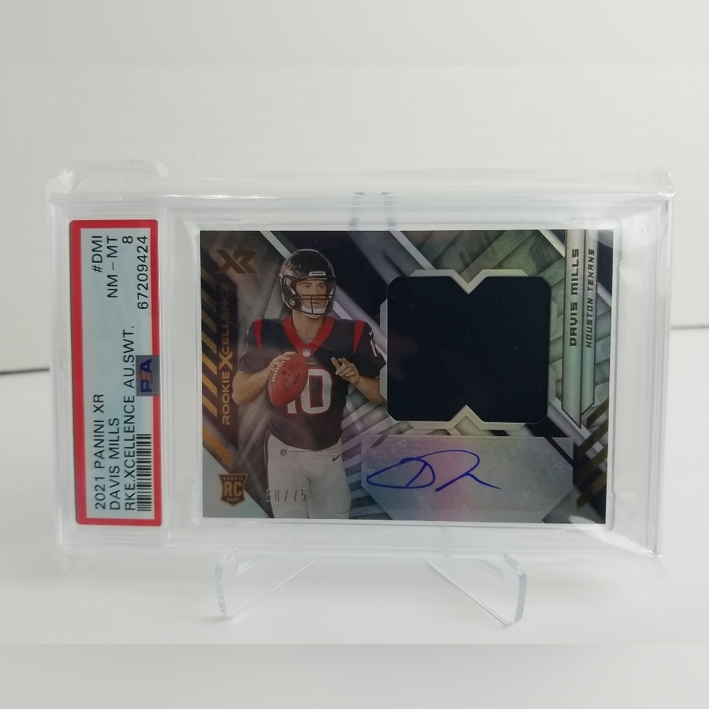 2021 Davis Mills RC Panini XR Rookie Xcellence Auto/Swatch 68/75 PSA 8 NM-MT
